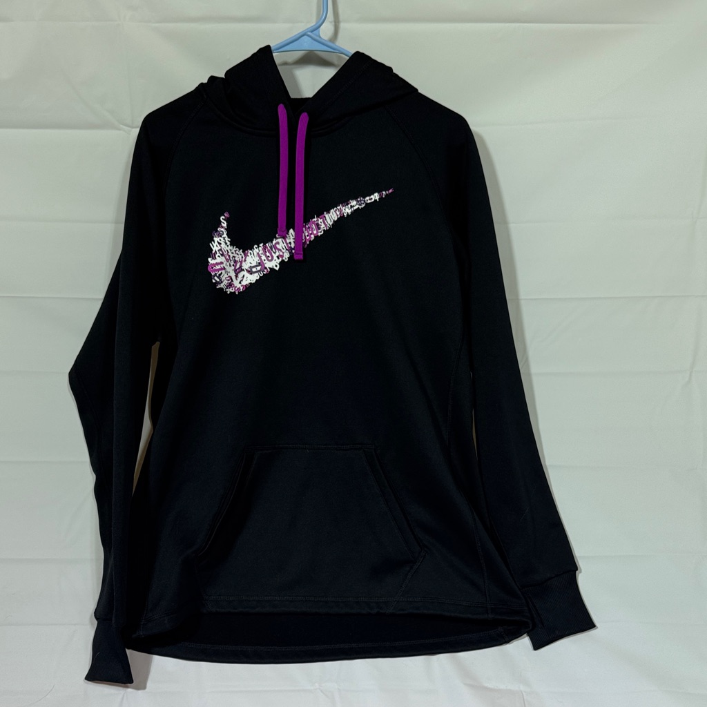Nike Black Hoodie With Purple-Pink Swoosh And Purple Drawstrings